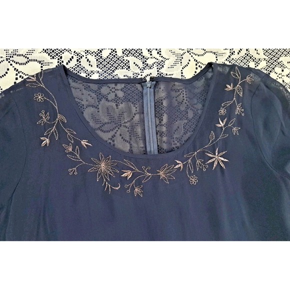 Liz Claiborne Dress Women's 14 Navy Blue Sheer Overlay Embroidered Neckline Zip - Picture 12 of 13